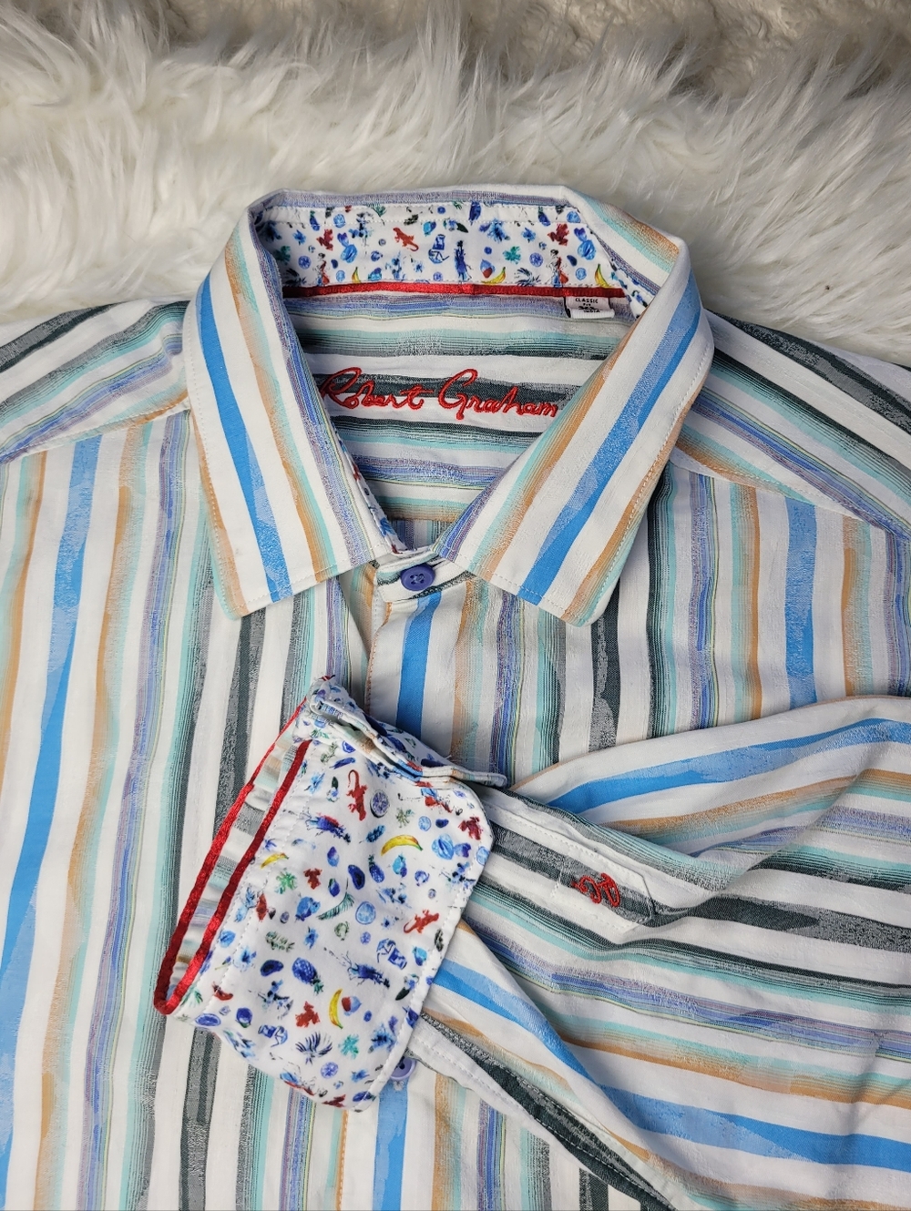 Robert Graham Striped Shirt Tropical Flip Cuff  Long Sleeve Button Down XL